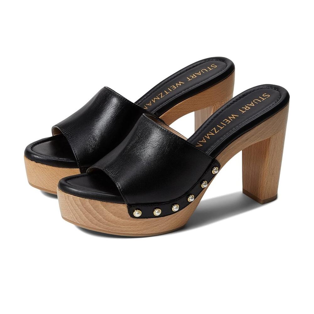 Stuart Weitzman Metallic Pearly-Stud Clog 85 Sandal Black 10 B